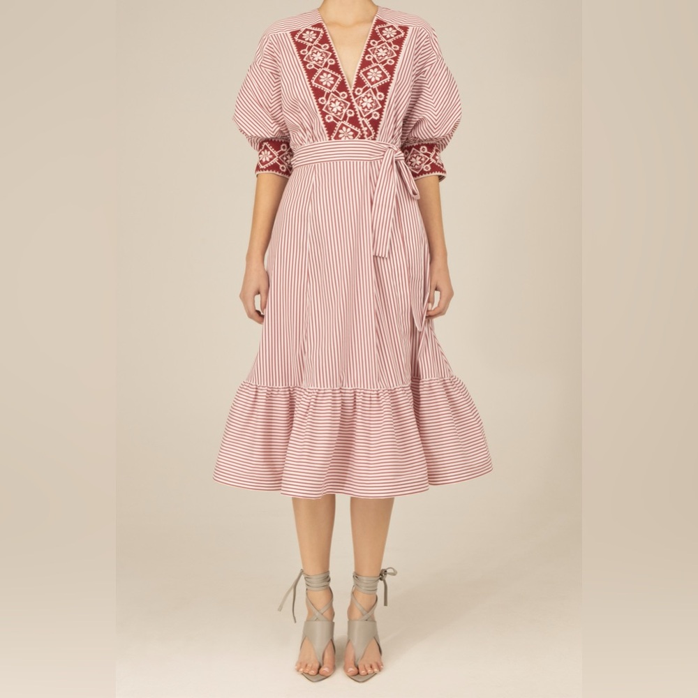 Silvia Tcherassi Brittany Embroidered Cotton Midi Wrap Dress, Size: S